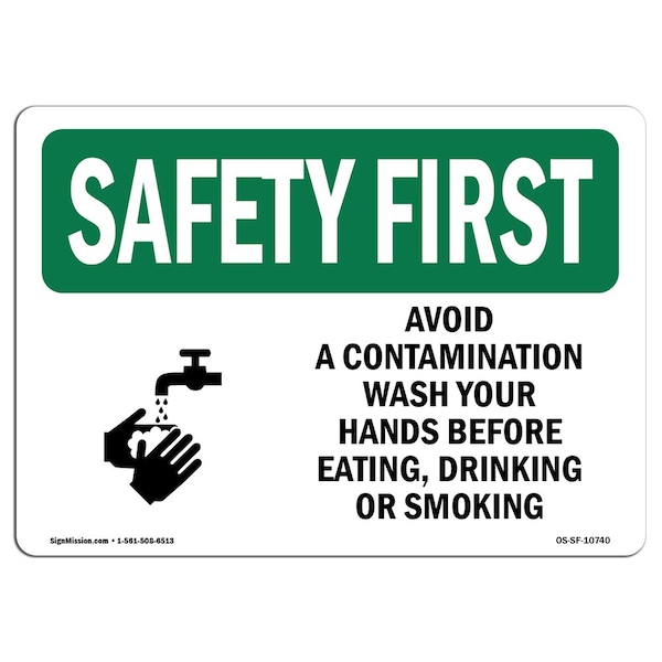 OSHA Sign, Avoid Contamination Wash Hands, 18in X 12in Aluminum, 12" W, 18" L, Landscape